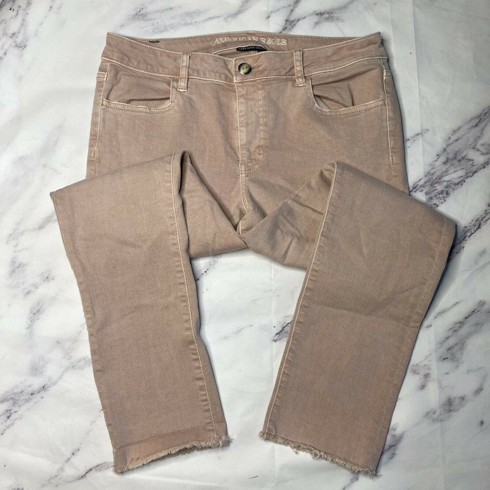 American Eagle Skinny Jeans Womens Sz 14 Pink Tan Raw Hem Jegging Crop Stretch